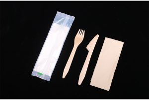 GL017-1 165mm reinforced wooden fork + knife +napkin, 50sets PLA bag